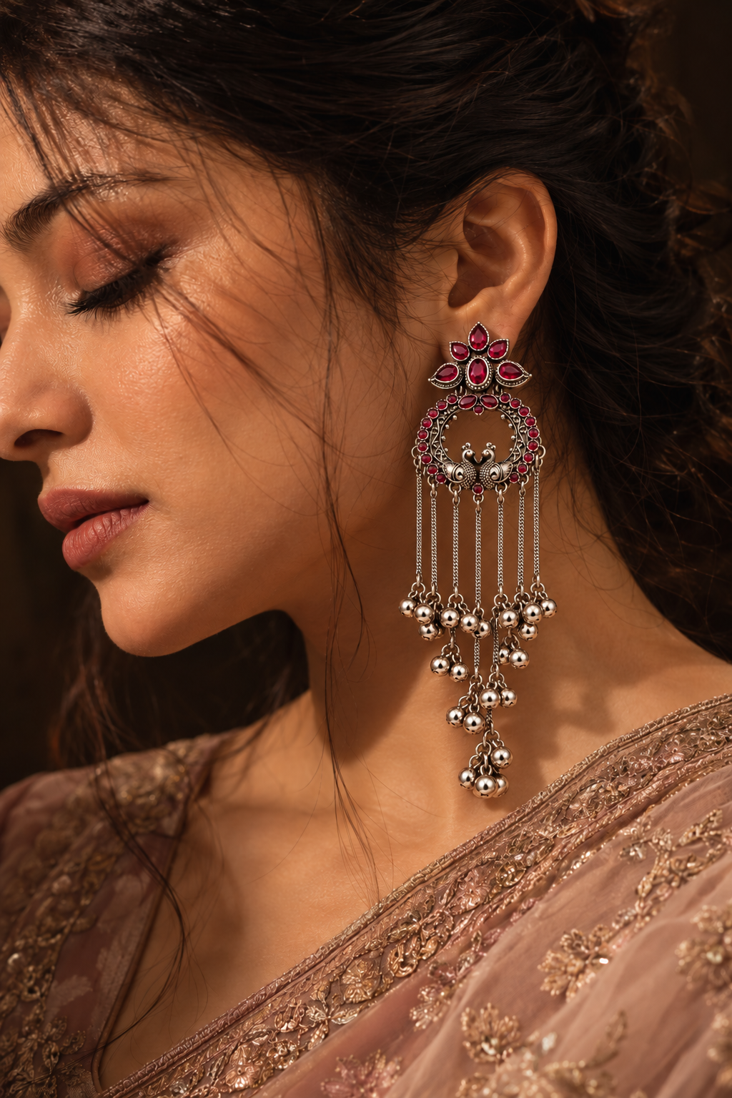 Shyama Peacock Danglers-Red